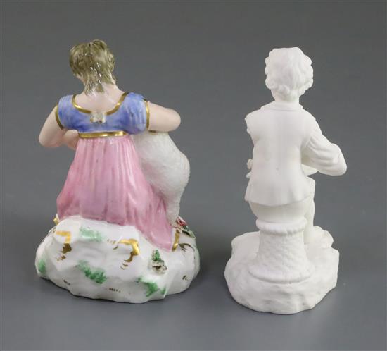 Two Rockingham porcelain figures of a girl seated with a lamb and a boy seated on a basket, c.1830, h.10.5cm, losses